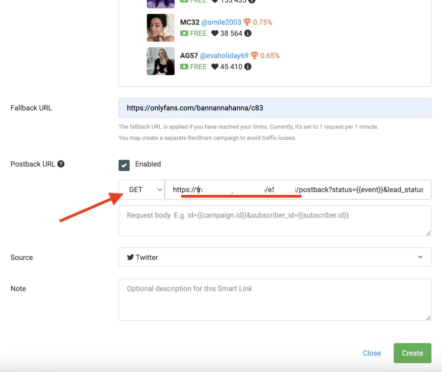 Add postback in smart link OnlyTraffic
