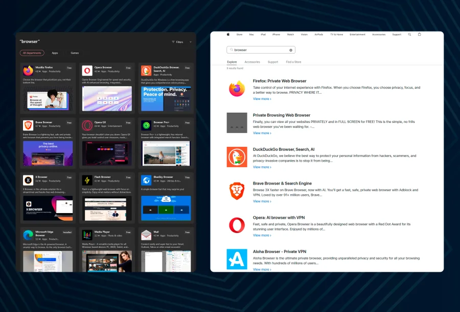 It is better not to use little-known browsers, but only the most popular ones