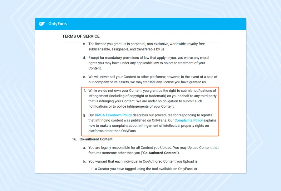 Copyright terms in OnlyFans Terms of Service