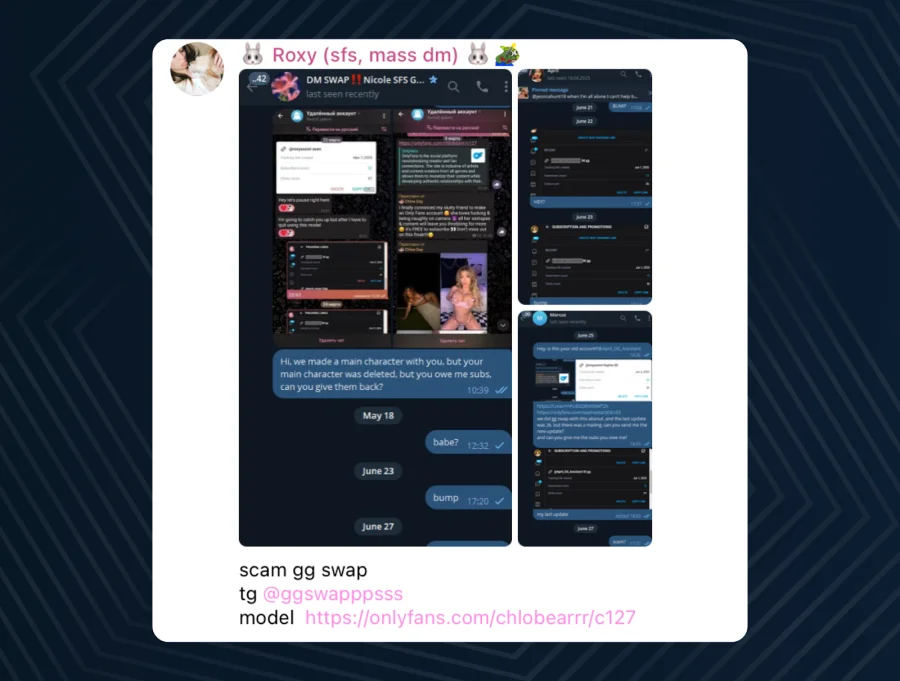 A message in a Telegram chat with a warning 'CAUTION, SCAM!' highlighted in red, where a user is complaining about a partner not fulfilling the terms of a deal.