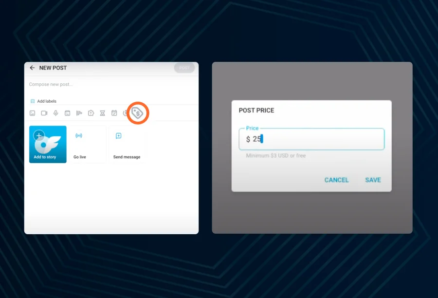 After clicking on the price tag button, you need to specify the price for viewing your post
