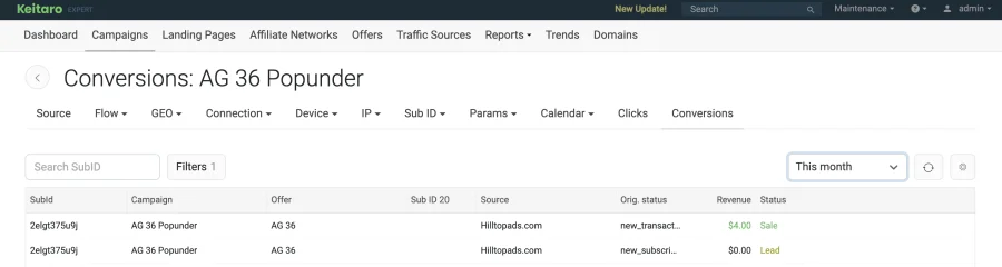 tracking conversion screen