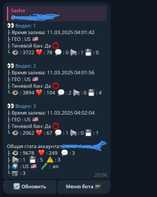ТикТок бот показывает статистику аккаунта - арбитраж трафика