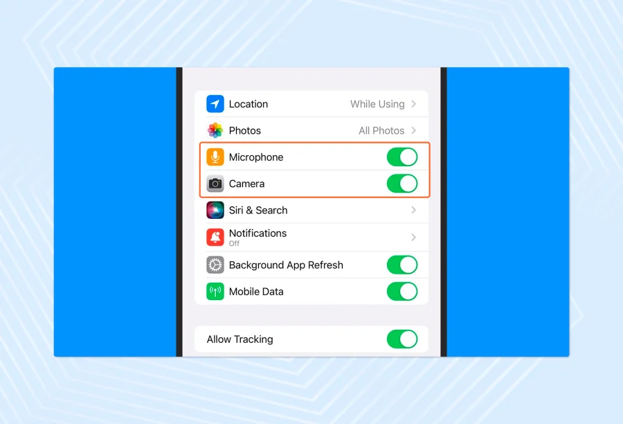 Example device permissions in  iOS