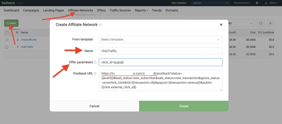Set up OnlyTraffic as affiliate program to Keitaro