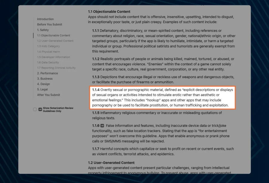 Prohibition of sexually explicit or pornographic material in Apple's App Review Guidelines