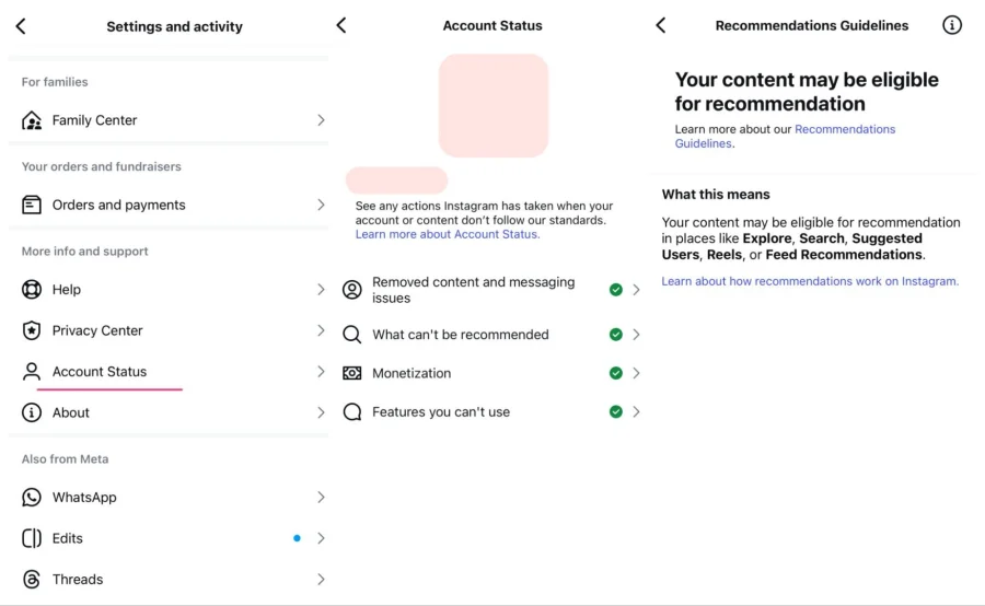 Checking the status of your Instagram account for blocked or violated community rules
