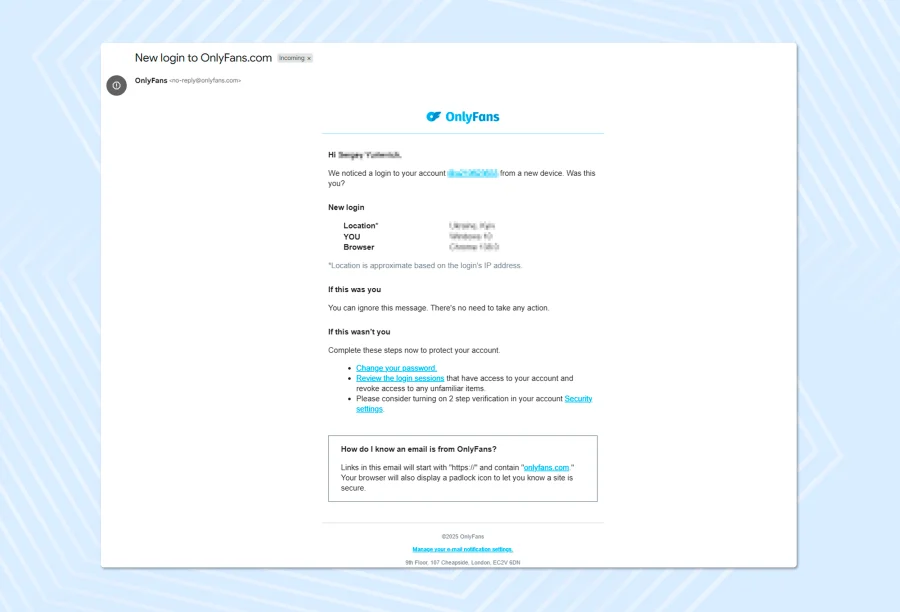 Example of email notifications from OnlyFans