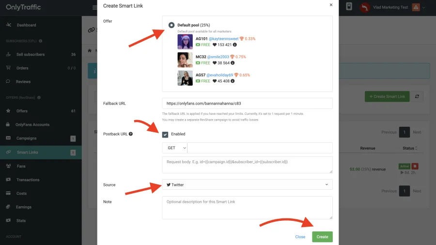 Smart link set up in OnlyTraffic