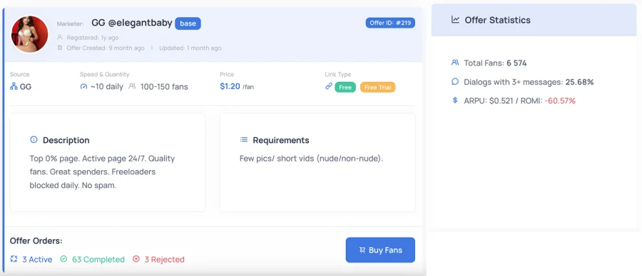 Профиль модели которая продает GG через платформу OnlyTraffic