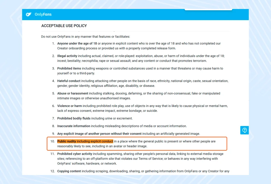 OnlyFans' acceptable use policy prohibits nudity content in avatars or header images.