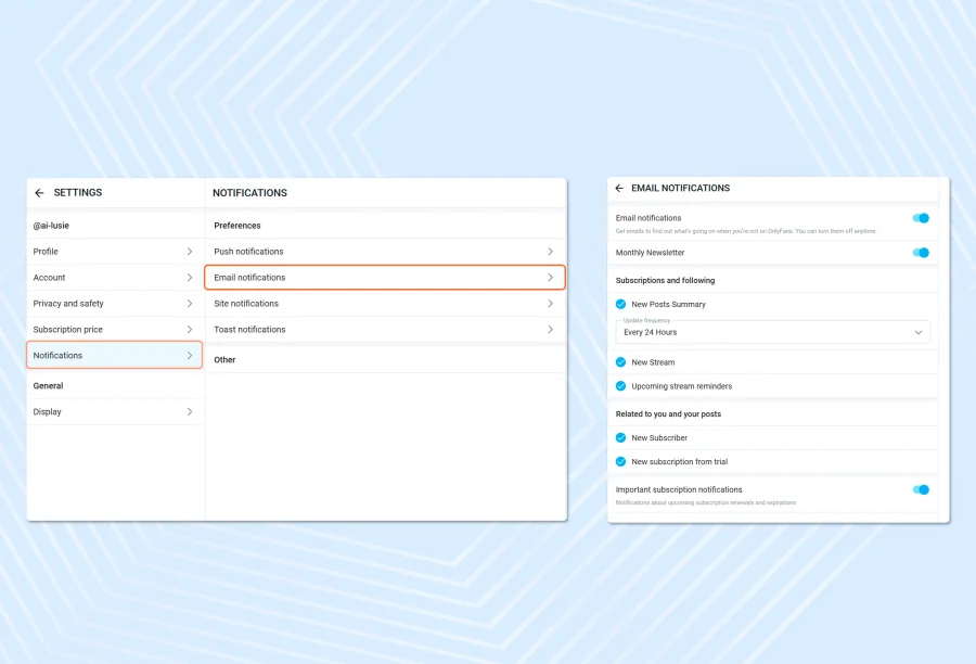 The Notifications section contains settings for all types of notifications