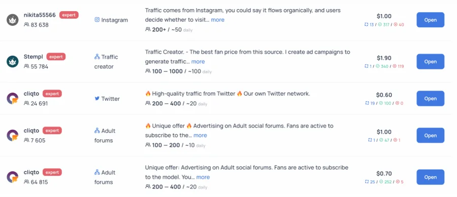 Traffic offers from marketers on the OnlyTraffic platform