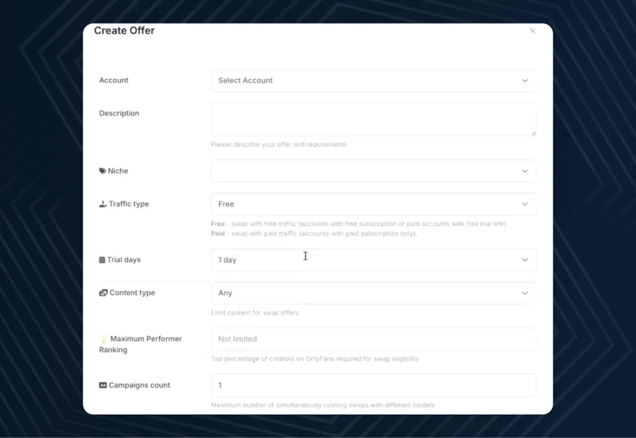 The initial deal creation screen on the OnlyTraffic platform with a brightly highlighted 'Create GG Swap Offer' button.