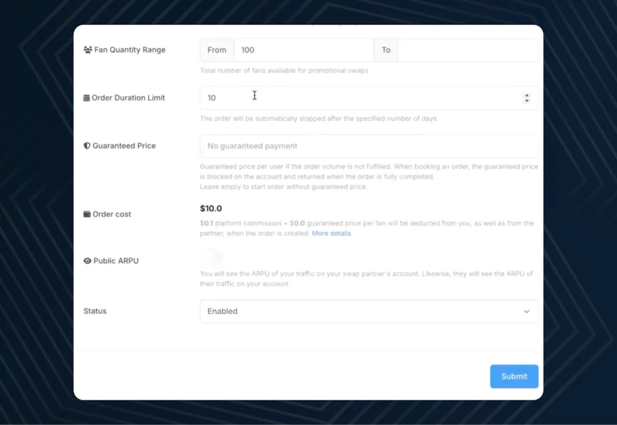 Фрагмент анкеты на OnlyTraffic с выпадающим списком 'Тип вашей страницы', где выбрана опция 'Основная (Mainstream)'