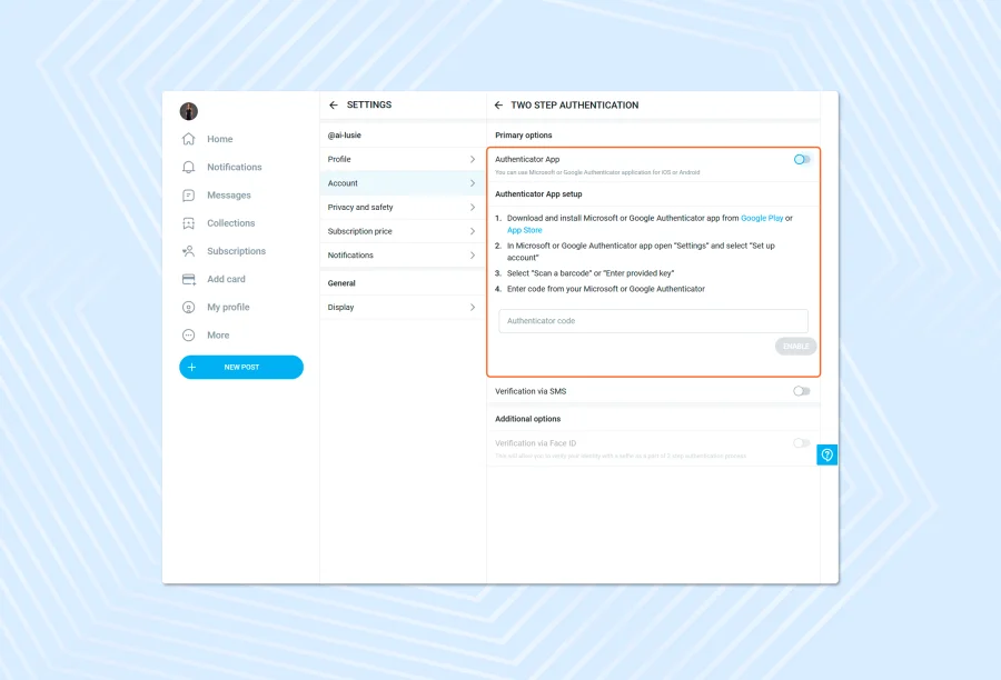 2FA authentication in OnlyFans via the app