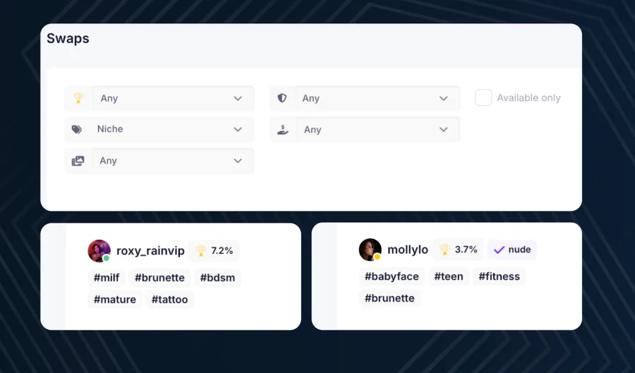 The profile settings section on OnlyTraffic, where tags like #fitness and #cosplay have been added to the 'Hashtags' field for better partner matching.
