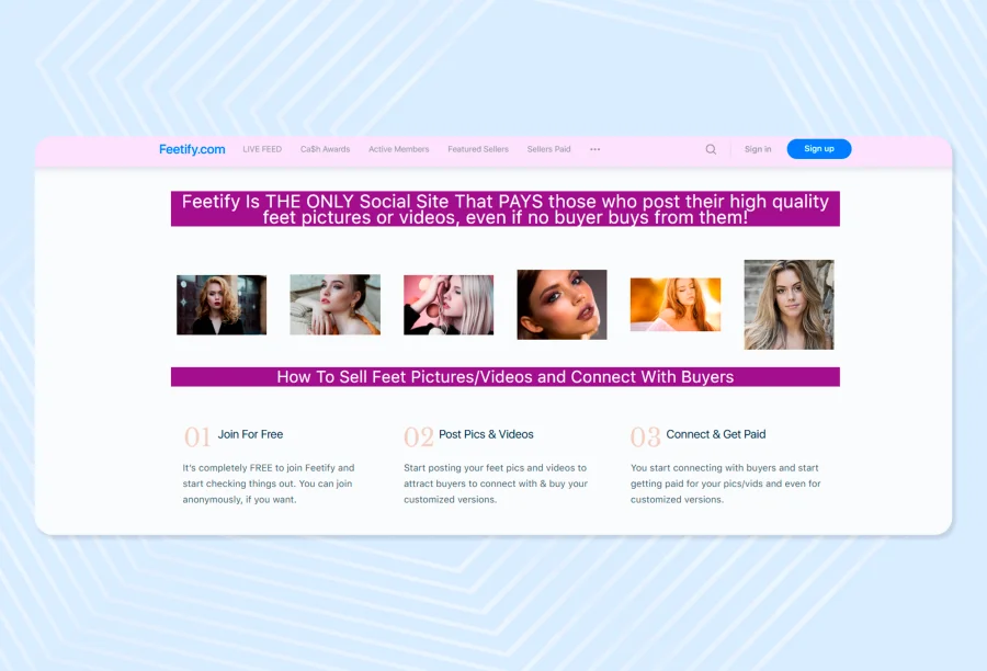 Home page of the platform for selling and buying photos of feet - Feetify