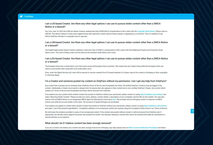 You can learn more about the DMCA at the OnlyFans transparency center