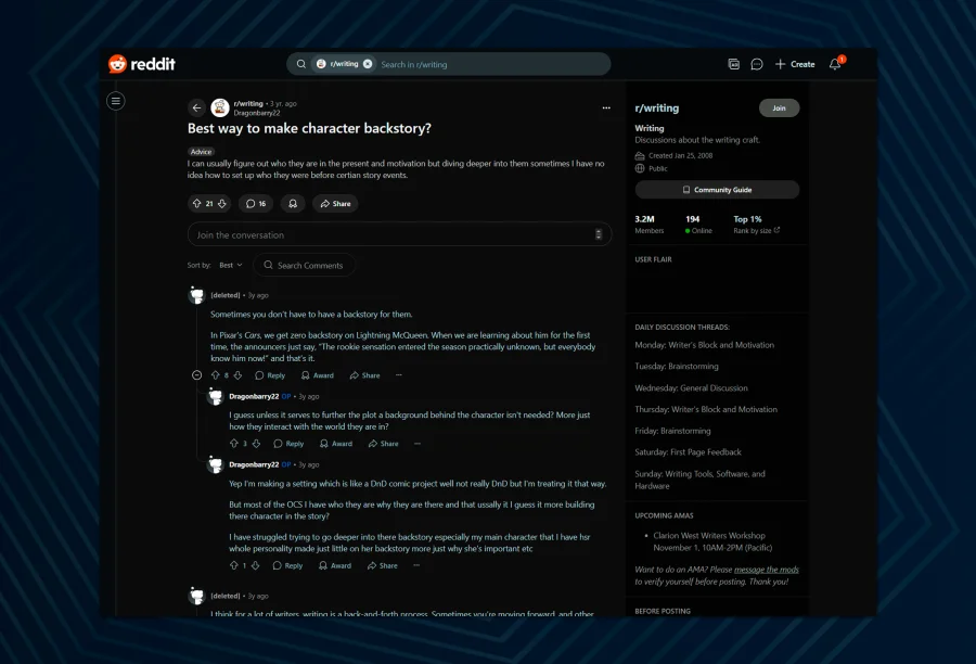 Tips and subreddits for writers will help you create a quality backstory